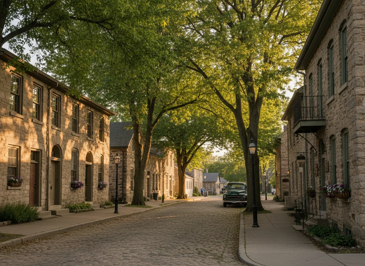 Historic stone buildings on a quiet street in Mineral Point Wisconsin
