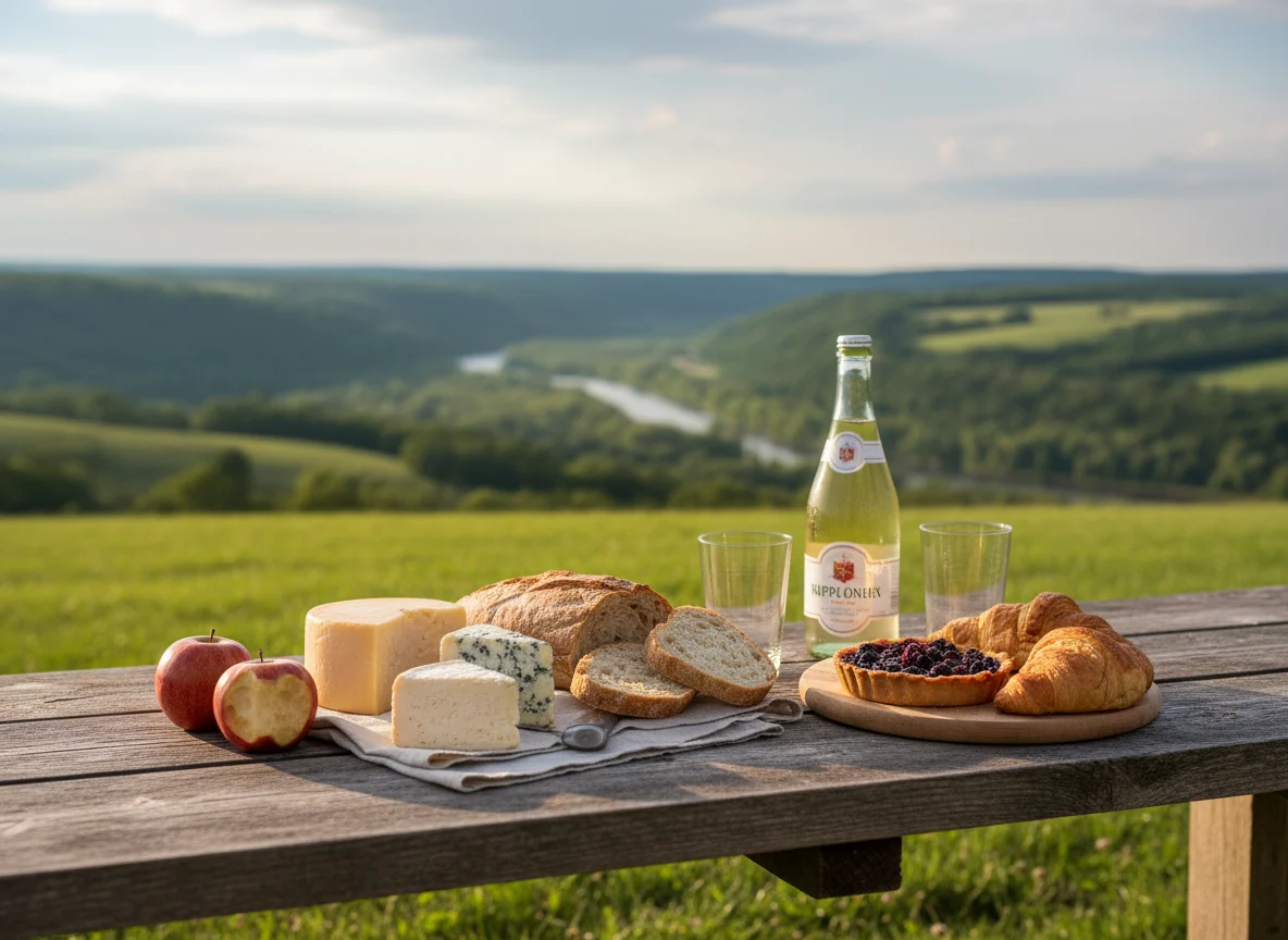 Local cheese bread and apples on a picnic table in Wisconsin's Driftless Area
