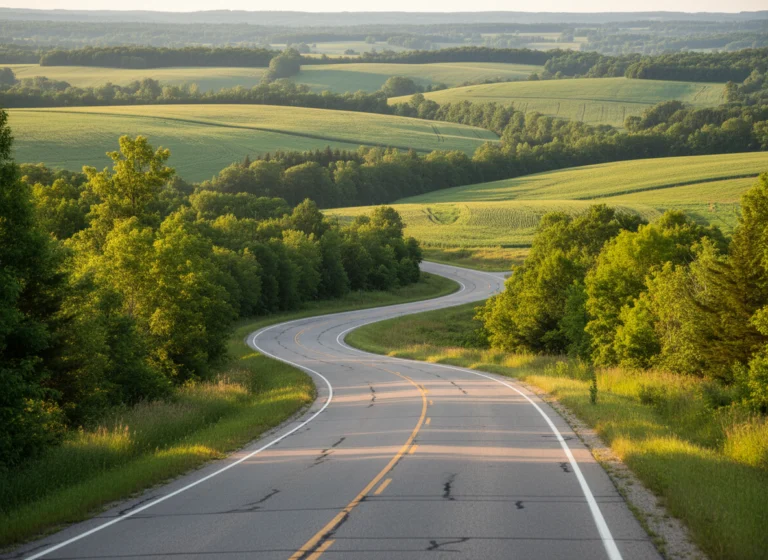Winding road through rolling hills in Wisconsin's Driftless Area