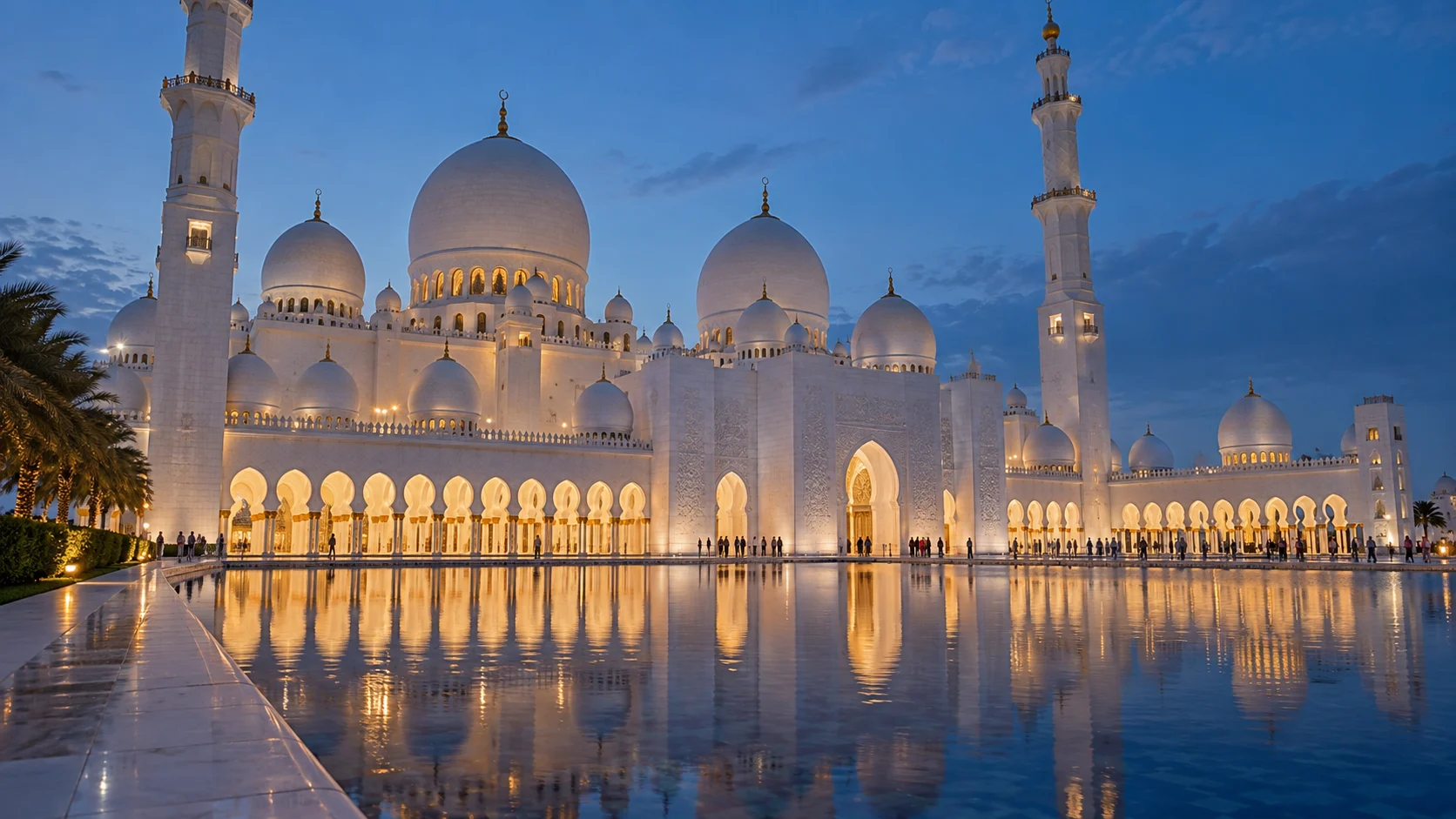 Sheikh Zayed Grand Mosque reflected at blue hour