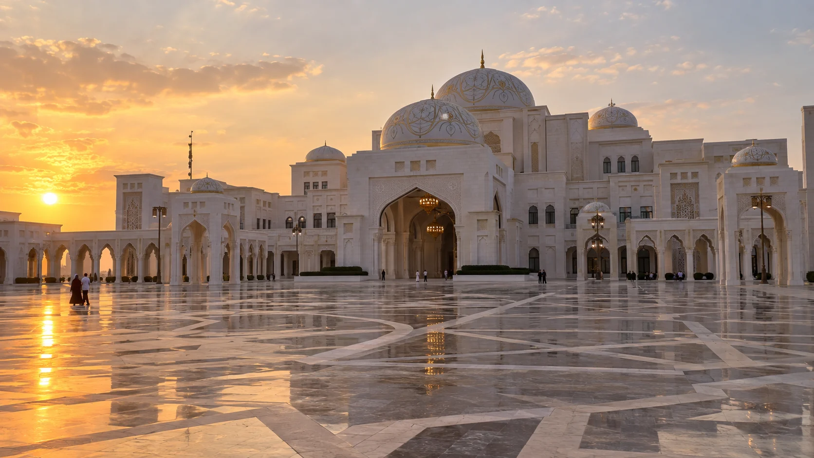Qasr Al Watan palace courtyard at sunset