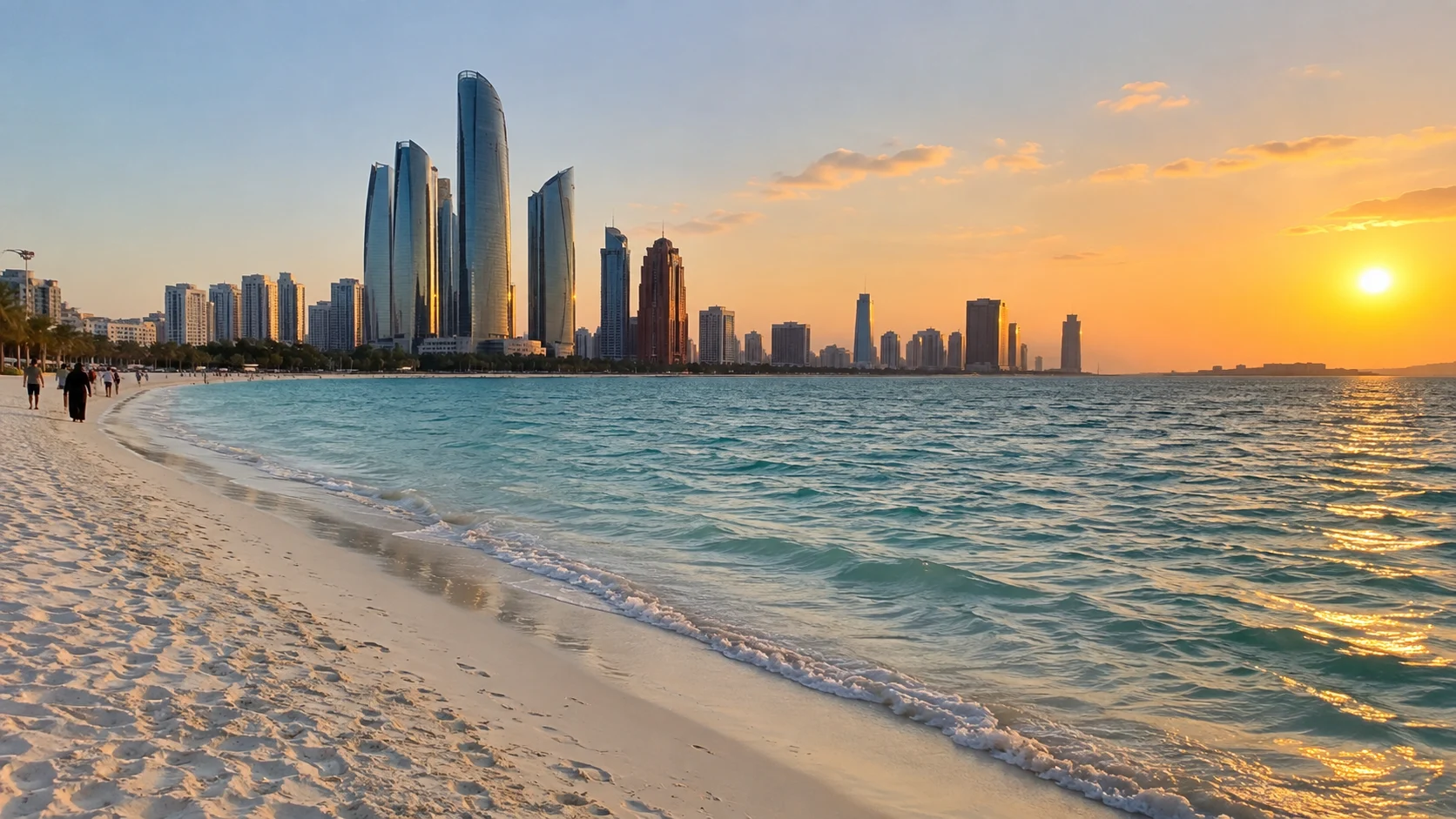 Abu Dhabi Corniche beach and skyline at sunset