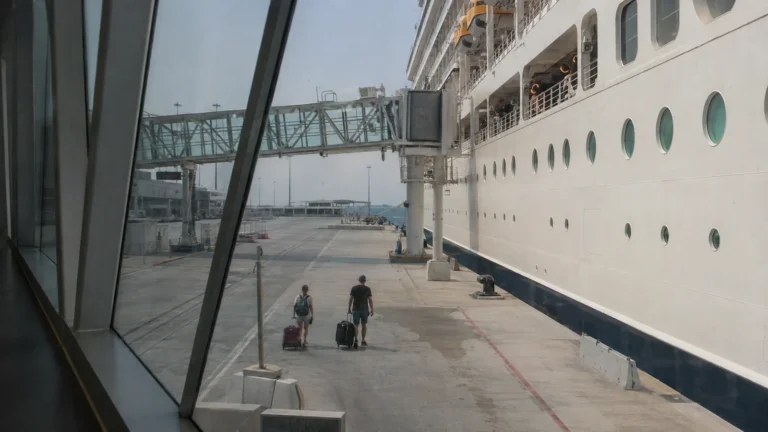 Cruise ship and passengers seen through the windows of a terminal gangway.