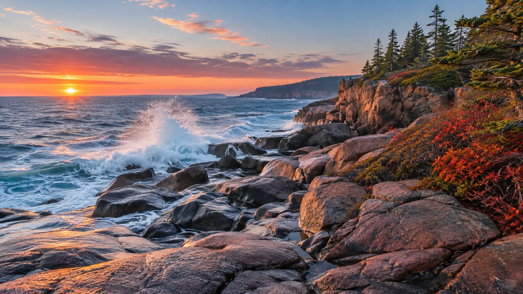 Atlantic surf crashes against pink granite and autumn shrubs in Acadia National Park, Maine.