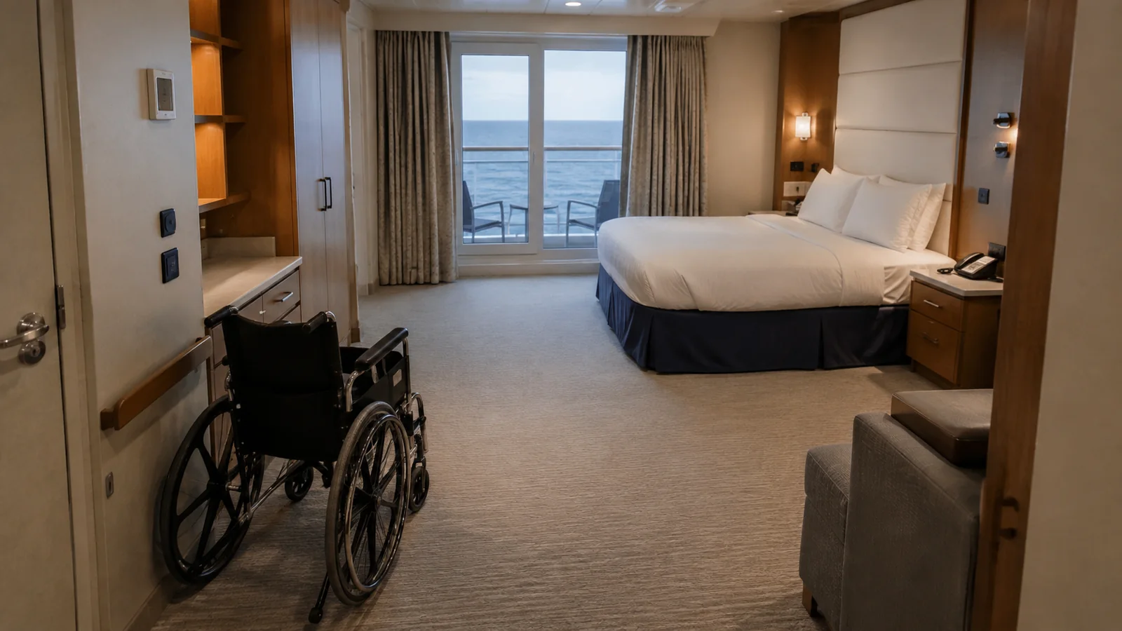 Wheelchair stands beside a clear route through a spacious balcony stateroom.