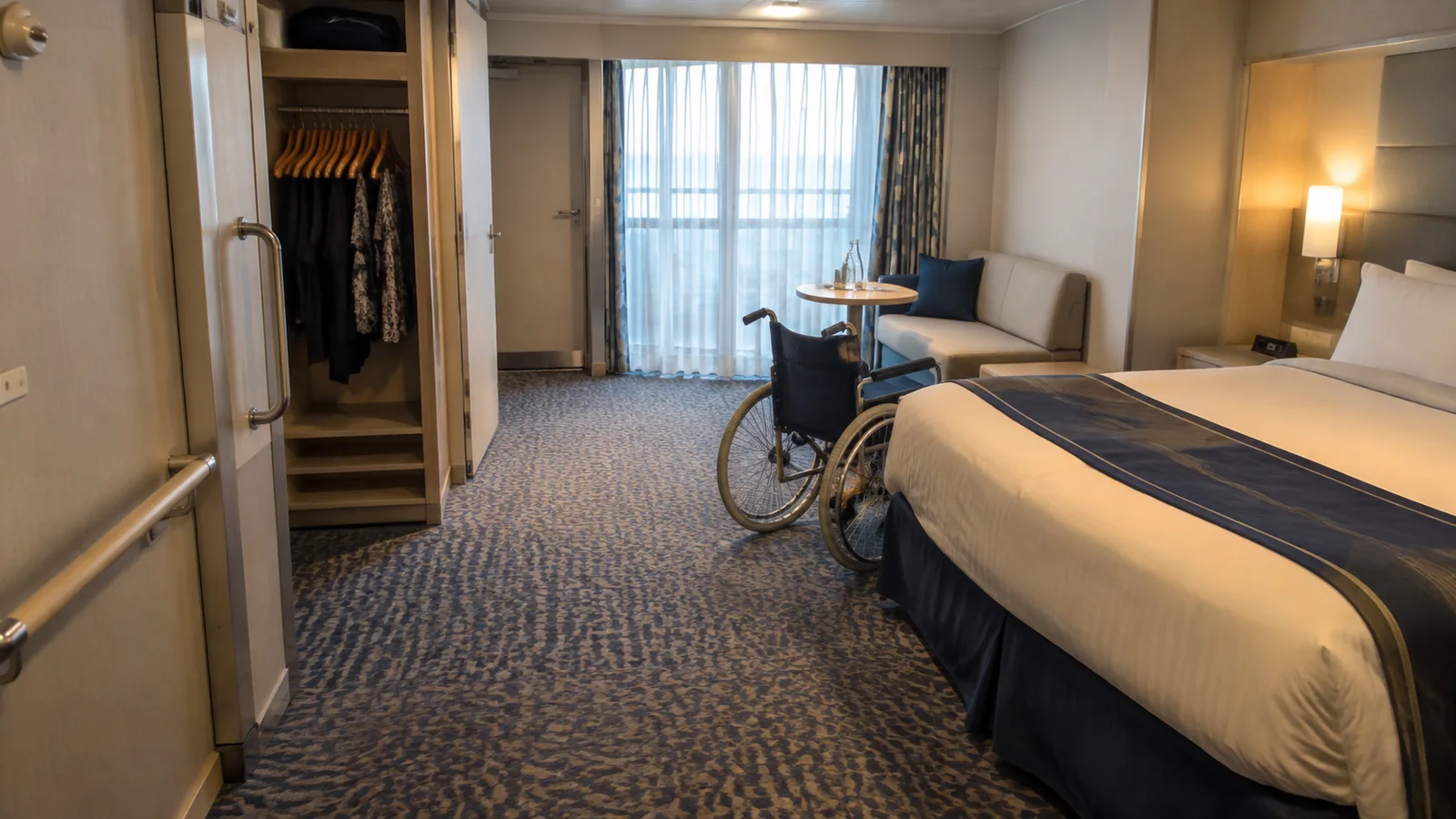 Spacious stateroom has a wheelchair beside the bed and an open wardrobe.