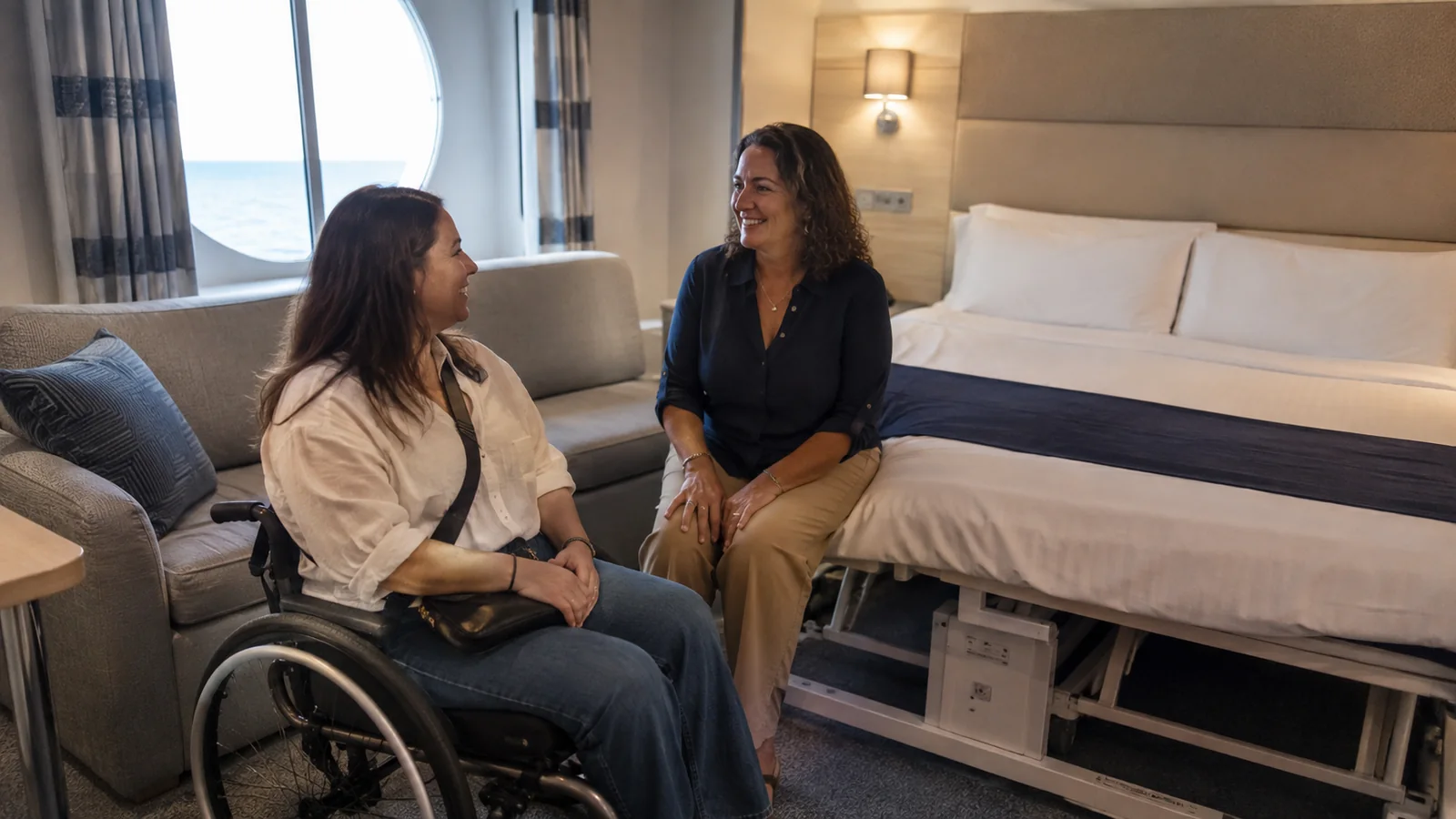 Woman in a wheelchair talks with a companion beside a stateroom bed.