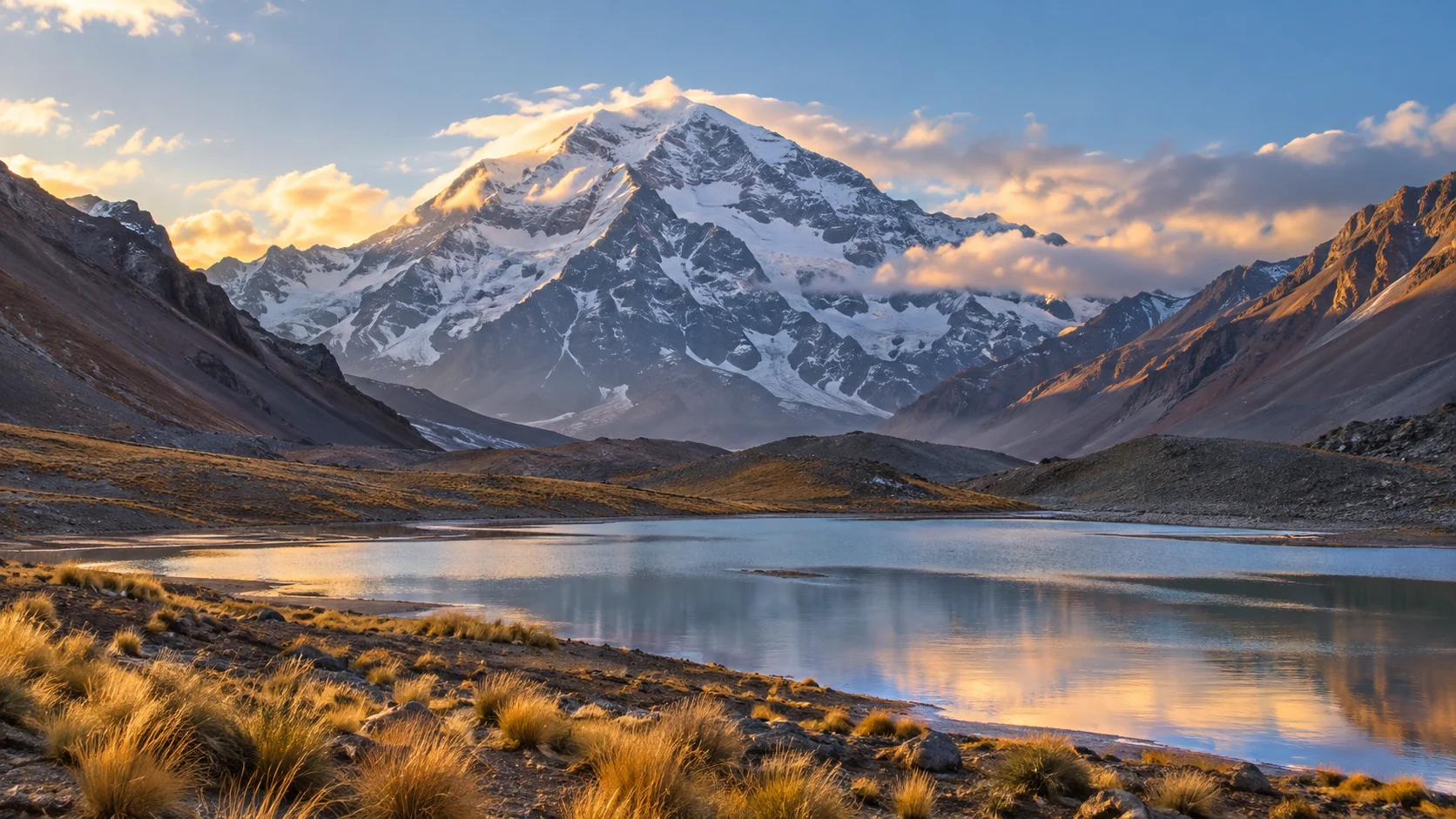 Snow-streaked Aconcagua rising above Laguna de Horcones and golden puna grass