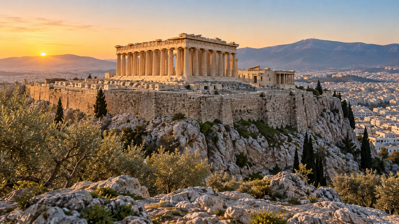The Parthenon glowing above Athens from the rocky Acropolis at sunrise