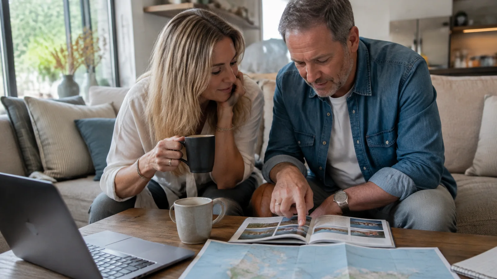 Couple reviewing a travel brochure at a coffee table with a laptop and map