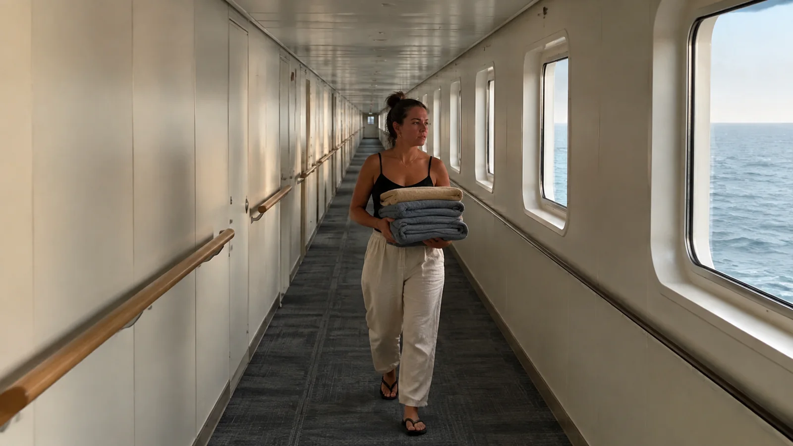 Woman carrying folded towels along a bright ship corridor.