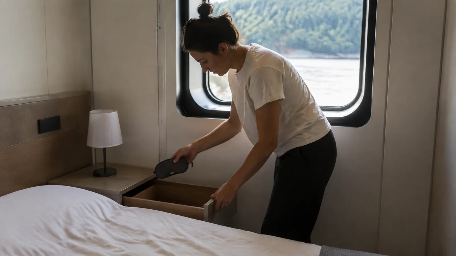Woman placing a sleep mask inside an open bedside drawer.