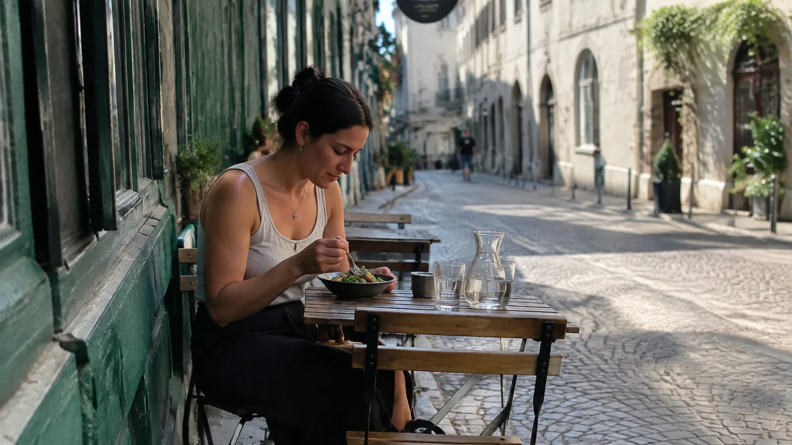 Woman eating alone at a small outdoor cafe table on a quiet street.
