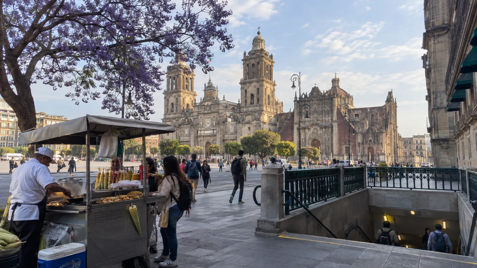 Historic architecture and a street-food stand frame a morning in Mexico City.