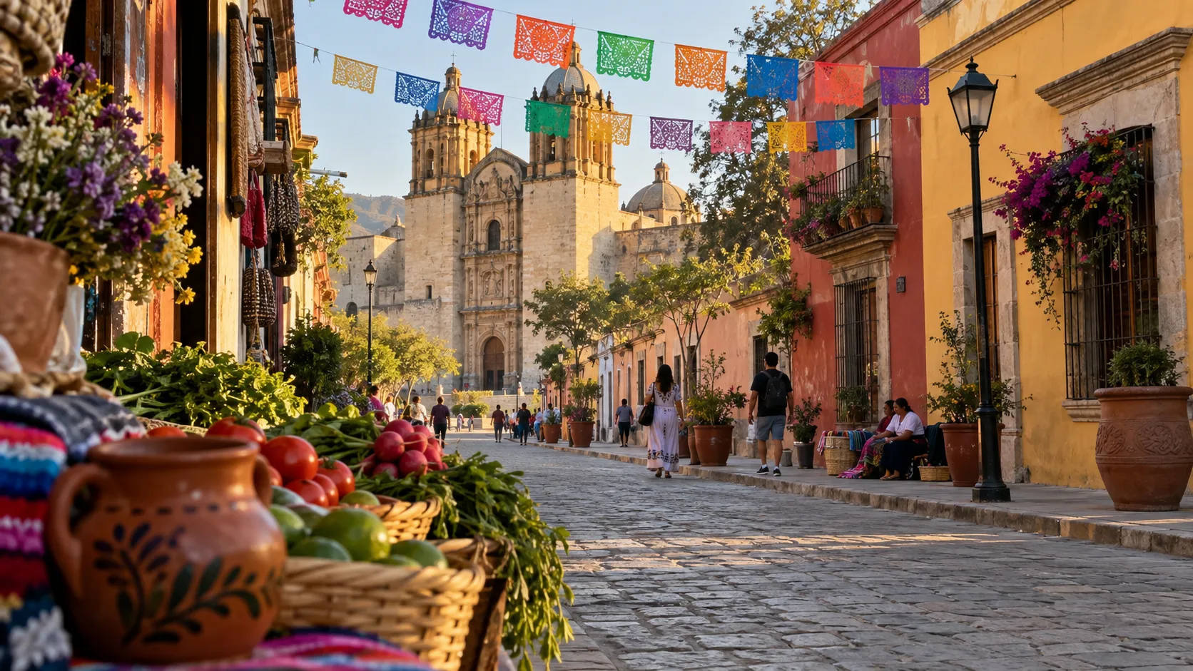 Colorful colonial buildings and a market scene fill a street in Oaxaca City.