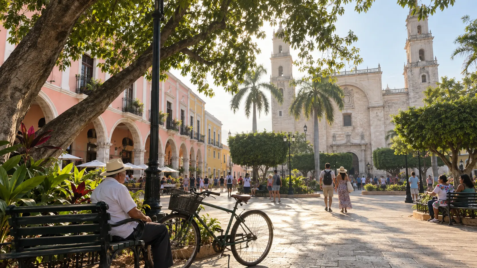 Pastel colonial facades and leafy shade surround a plaza in Mérida.