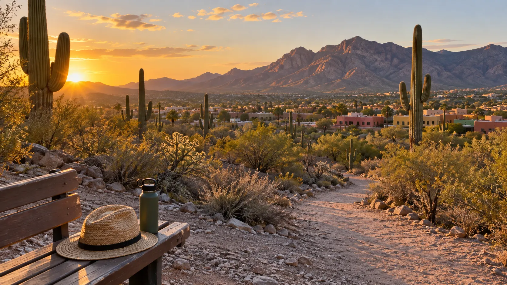 Saguaros and rugged mountains glow across Tucson's Sonoran Desert landscape.