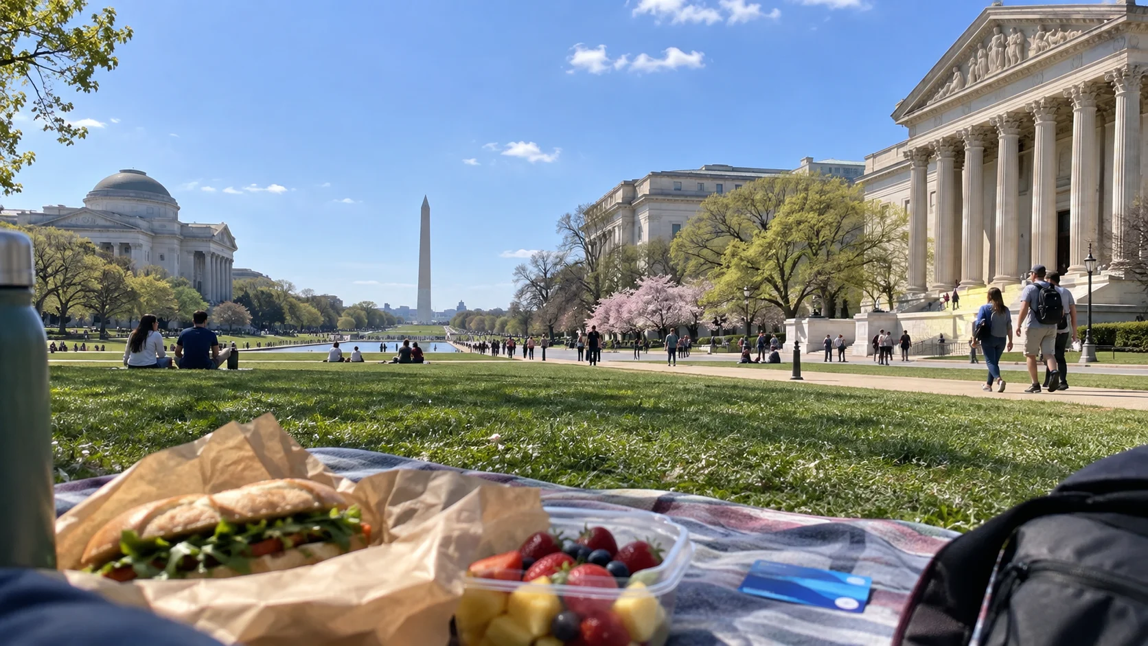 Museums line the National Mall with the Washington Monument in the distance.