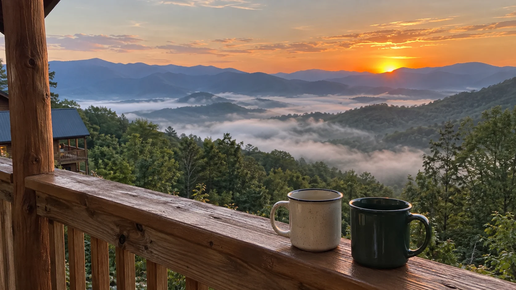 Mist settles between Great Smoky Mountains ridges beyond a cabin porch.