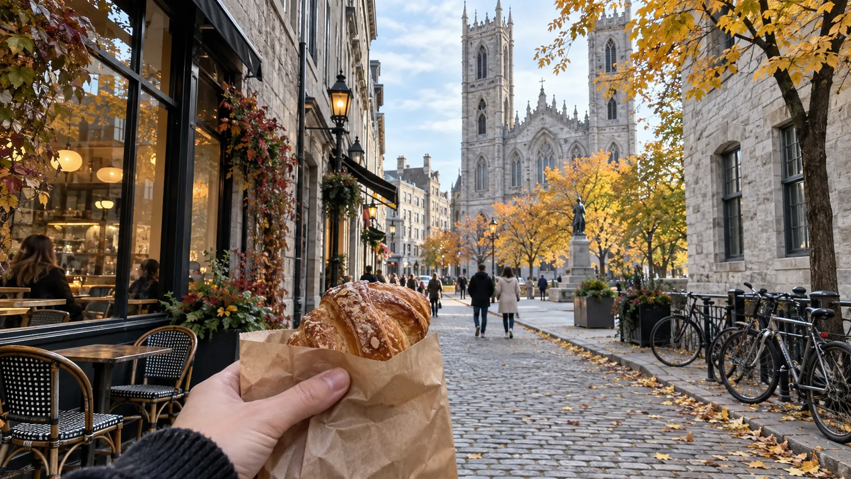 Stone buildings, bicycles and autumn leaves line a walkable Old Montréal street.
