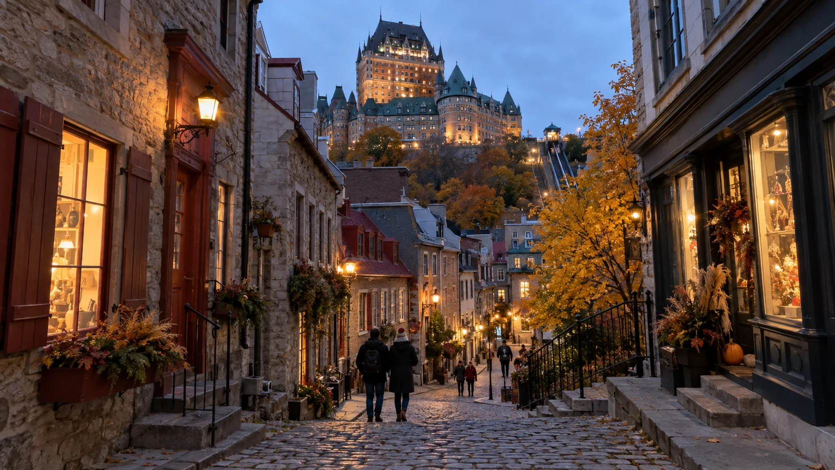 A cobblestone lane climbs through historic Québec City beneath glowing evening lamps.