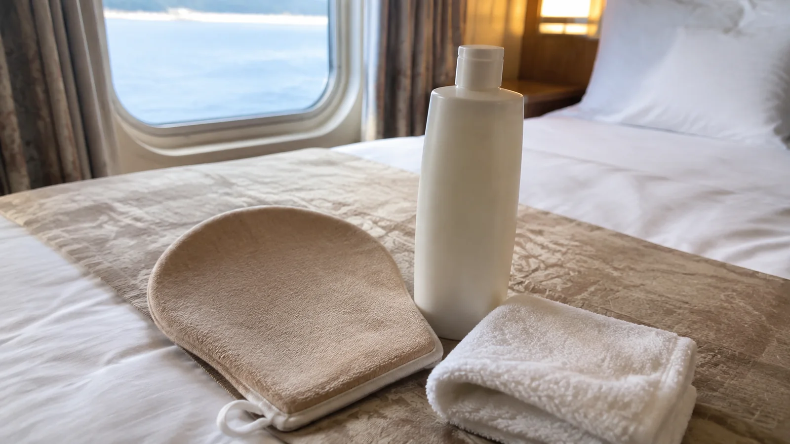 Cream-colored bottle, applicator mitt, and folded washcloth on a cabin bed.