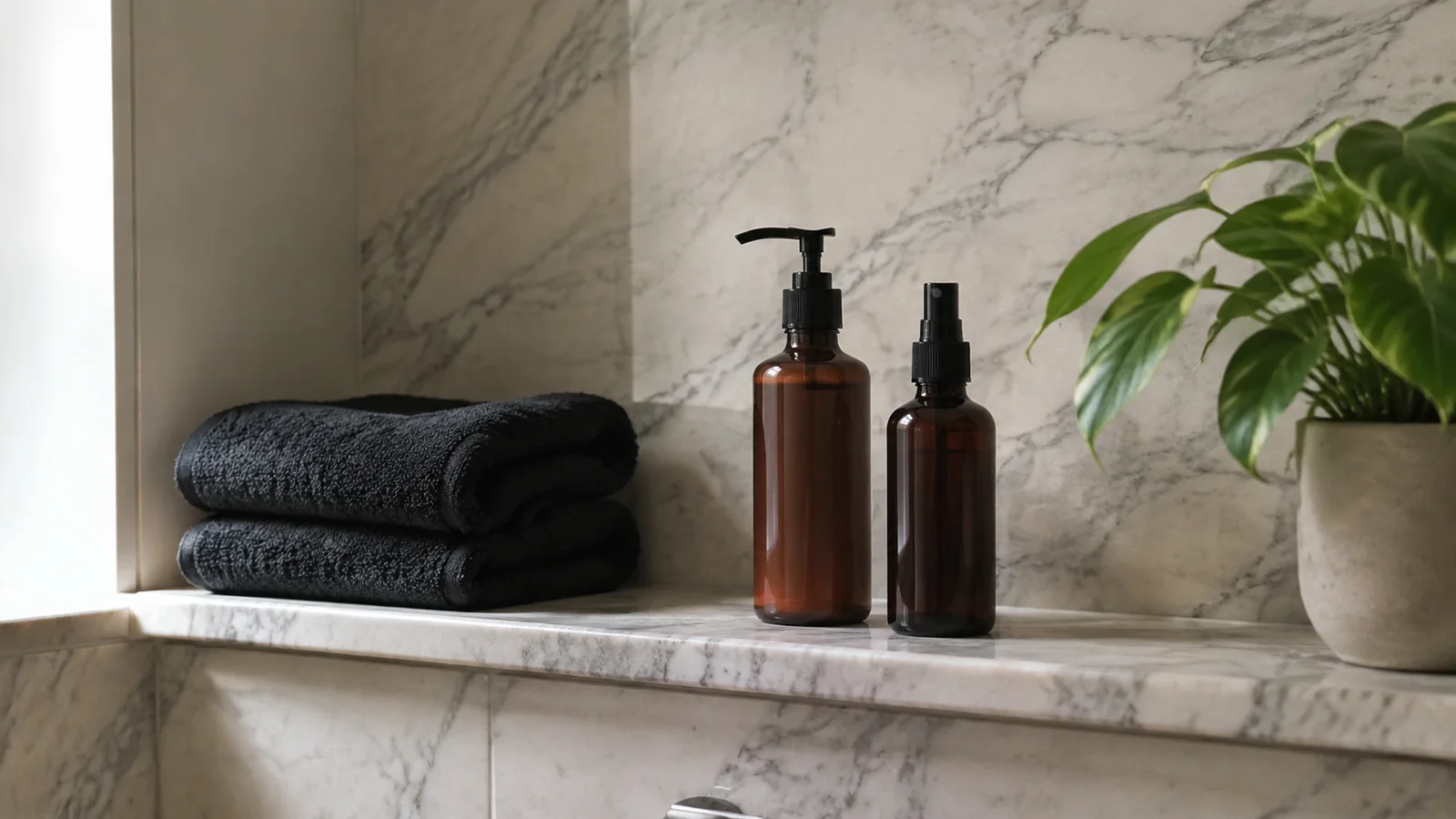 Two amber bottles and folded dark towels on a bathroom shelf.