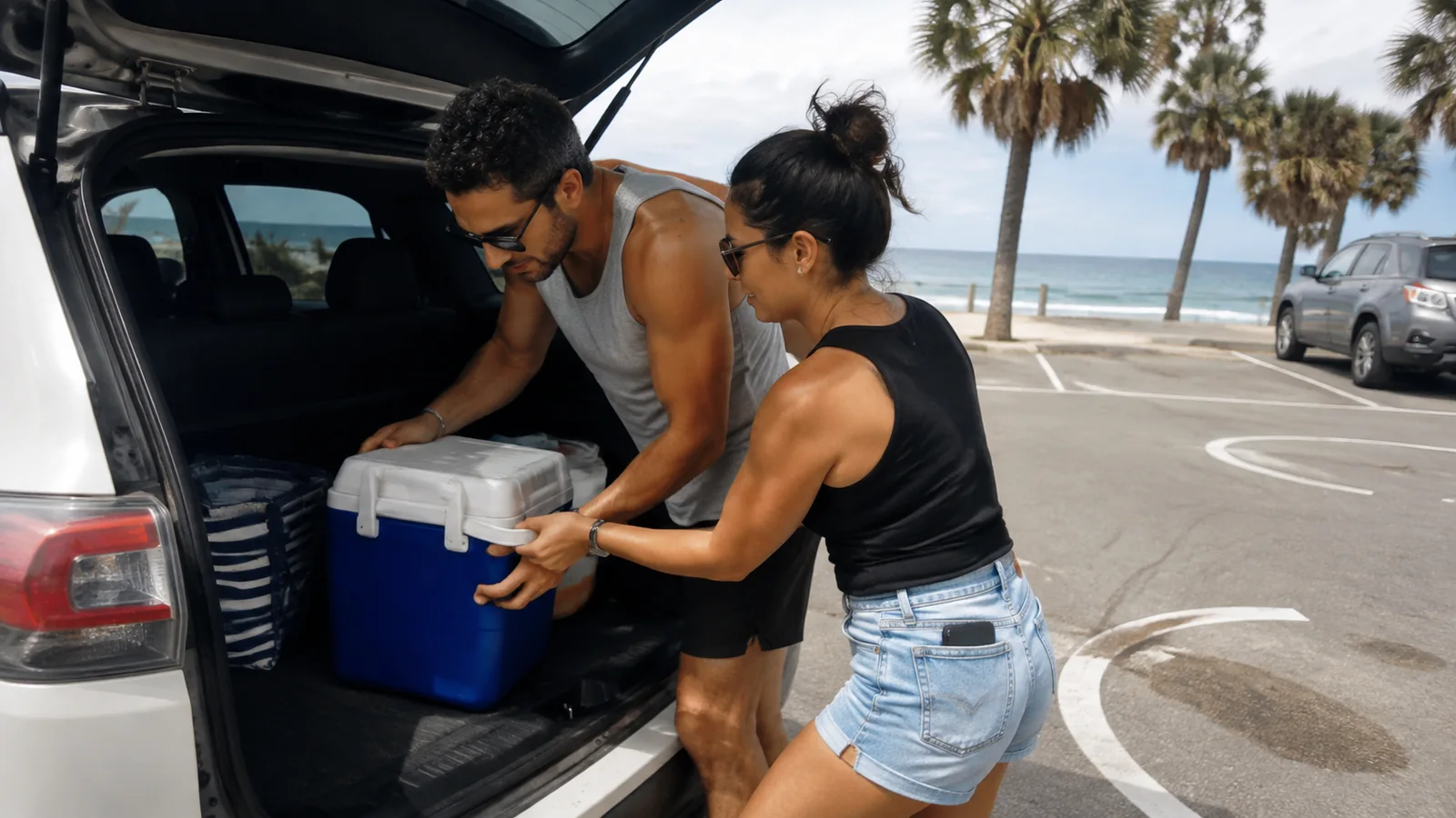 Two people loading a blue cooler into an open car trunk.