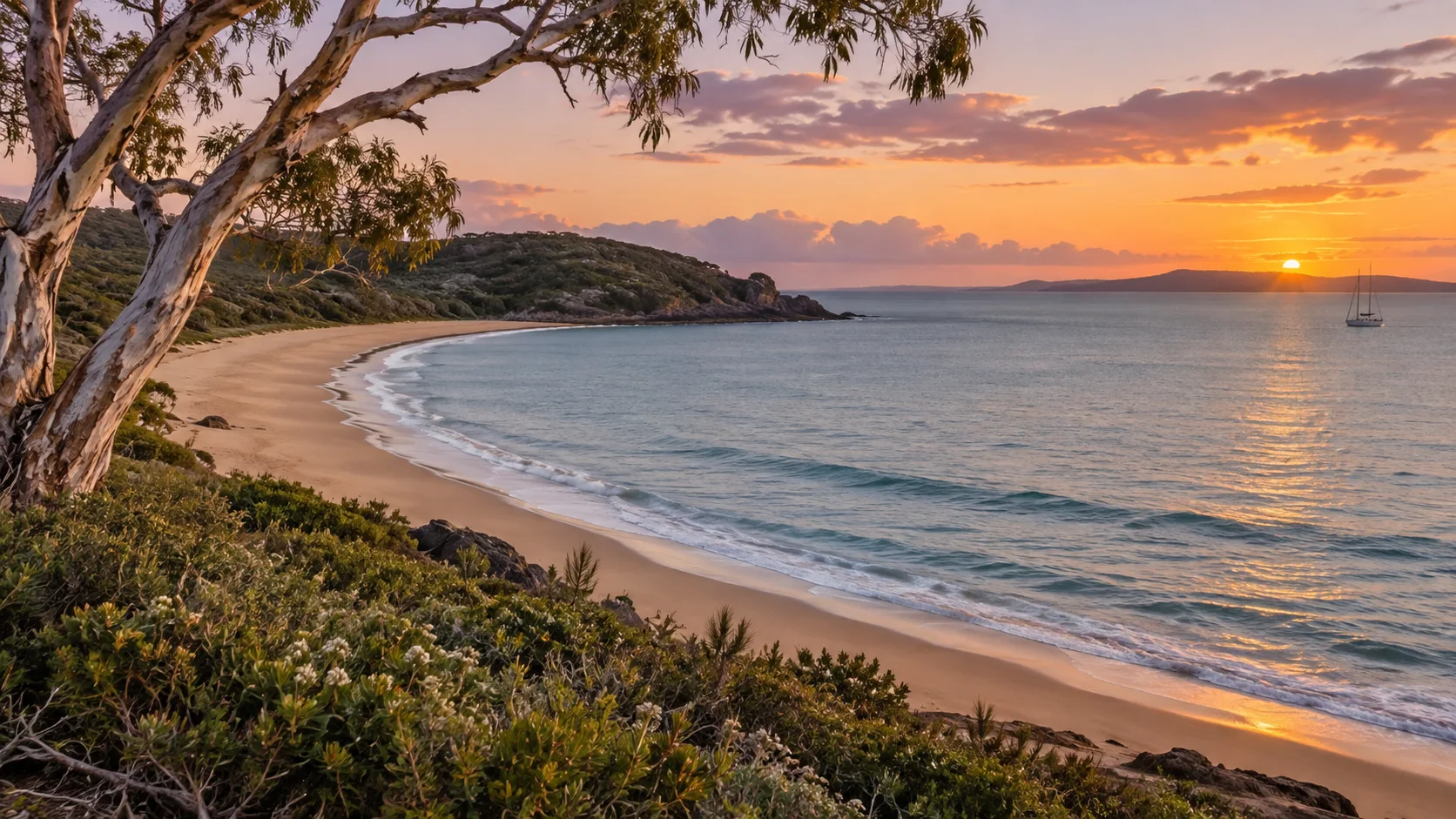 Quiet beach and sailing yacht at sunset near Agnes Water and 1770, Queensland