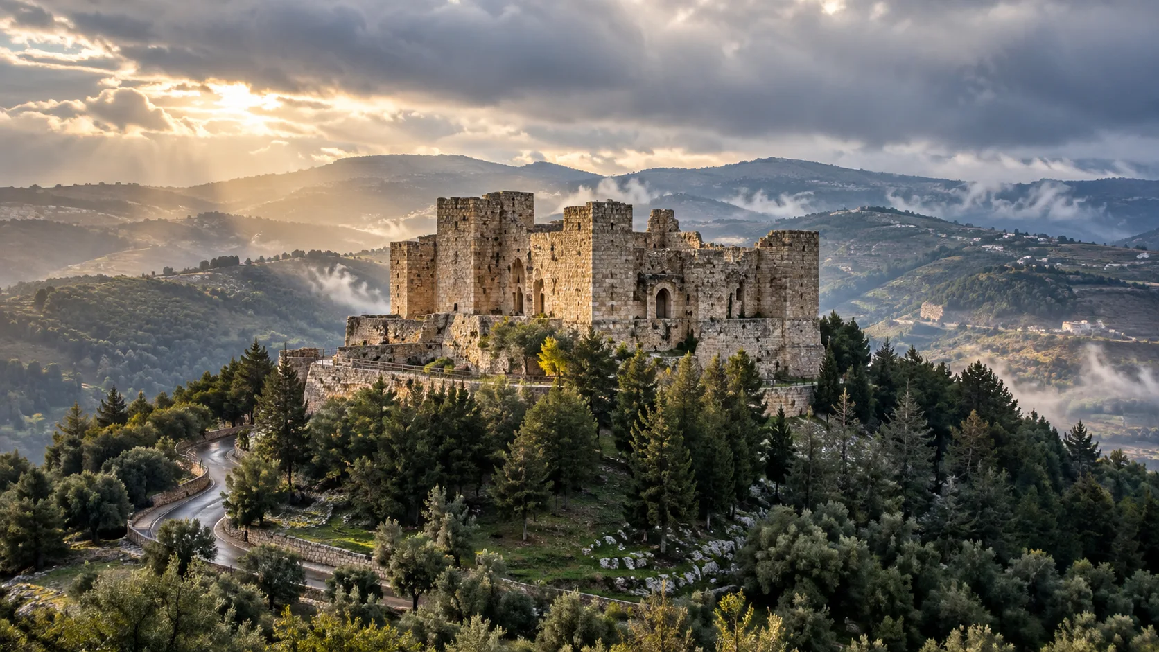 Ajloun Castle rising above pine and olive-covered hills after a rainstorm in northern Jordan.