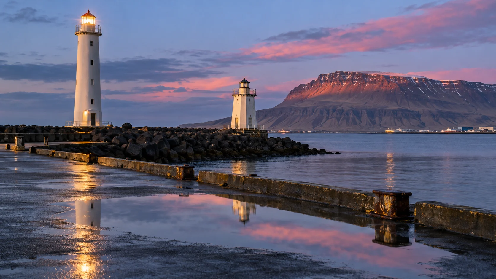 Two white Akranes lighthouses reflected in a harbor puddle beneath pink evening clouds.
