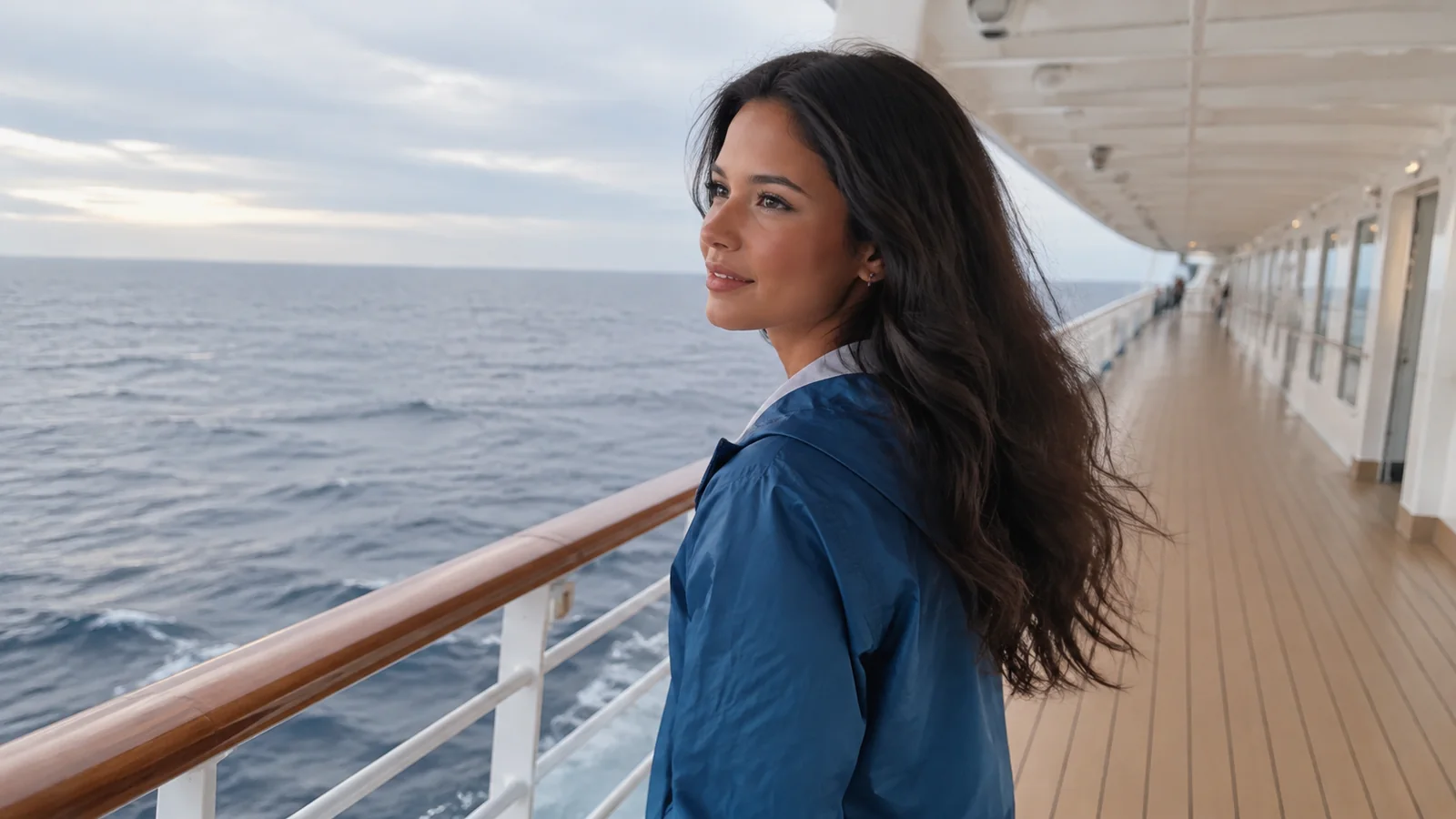 Woman in a blue jacket looking out to sea from a covered promenade deck.