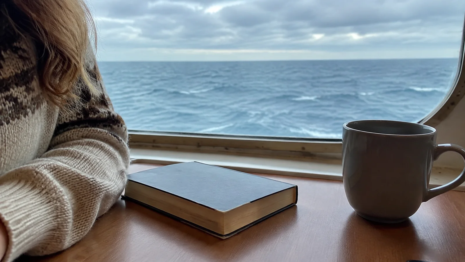Mug and closed book on a table beside a ship window overlooking the ocean.
