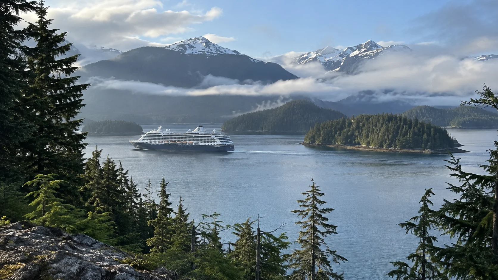 Cruise ship navigating the forested Inside Passage in Alaska beneath low clouds