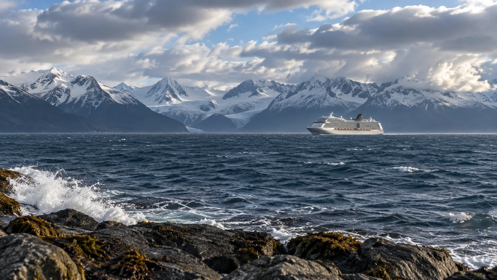 Cruise ship crossing the Gulf of Alaska with rugged snow-covered mountains on the horizon