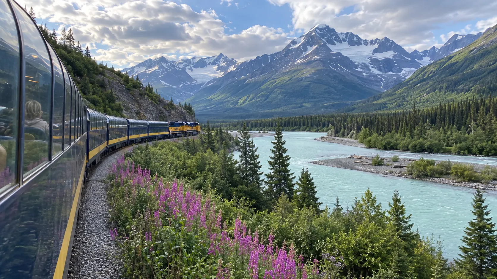 Alaska Railroad train passing a turquoise river and mountain valley during a cruise tour