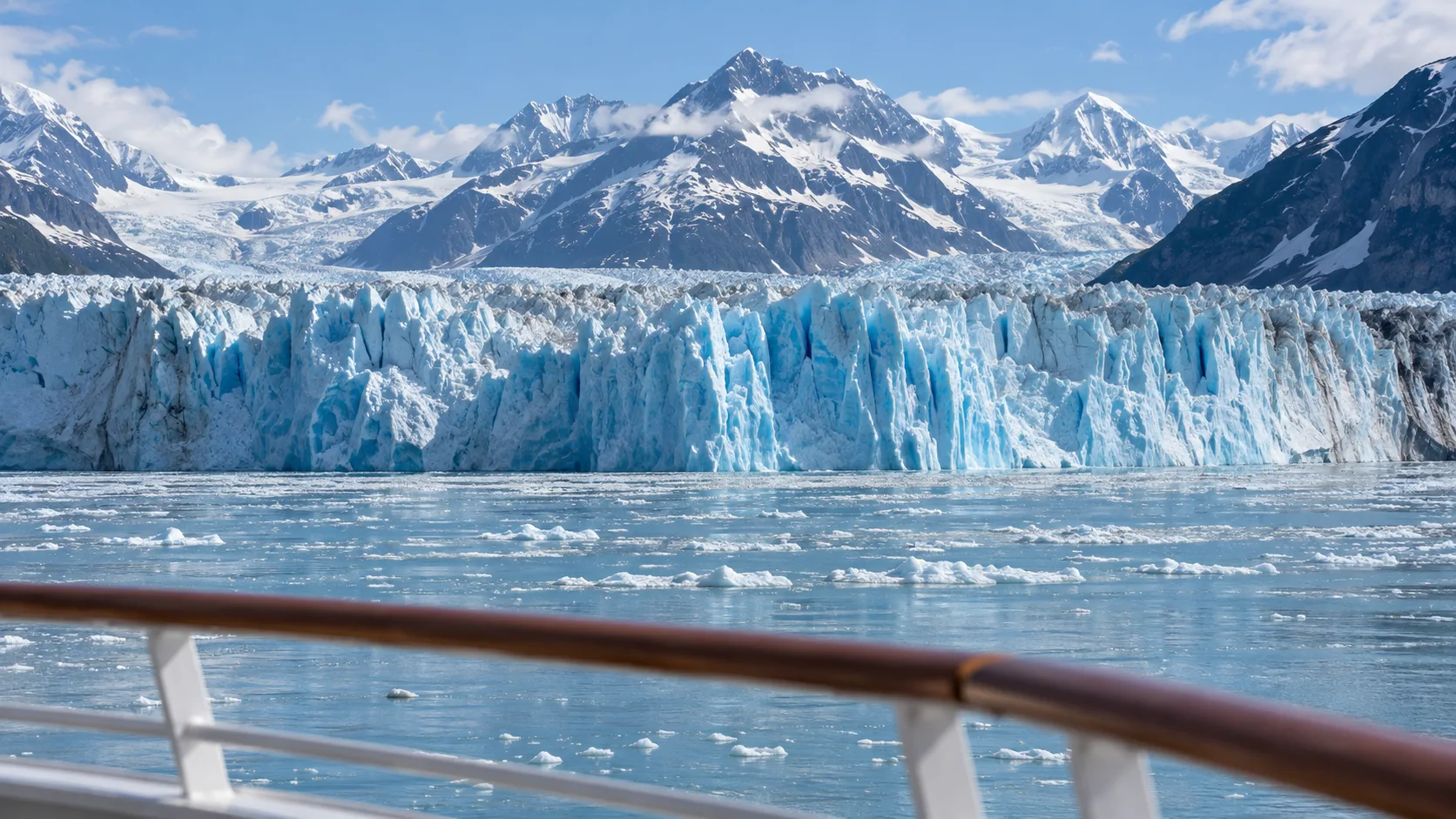 Towering blue face of Hubbard Glacier seen across ice-strewn water