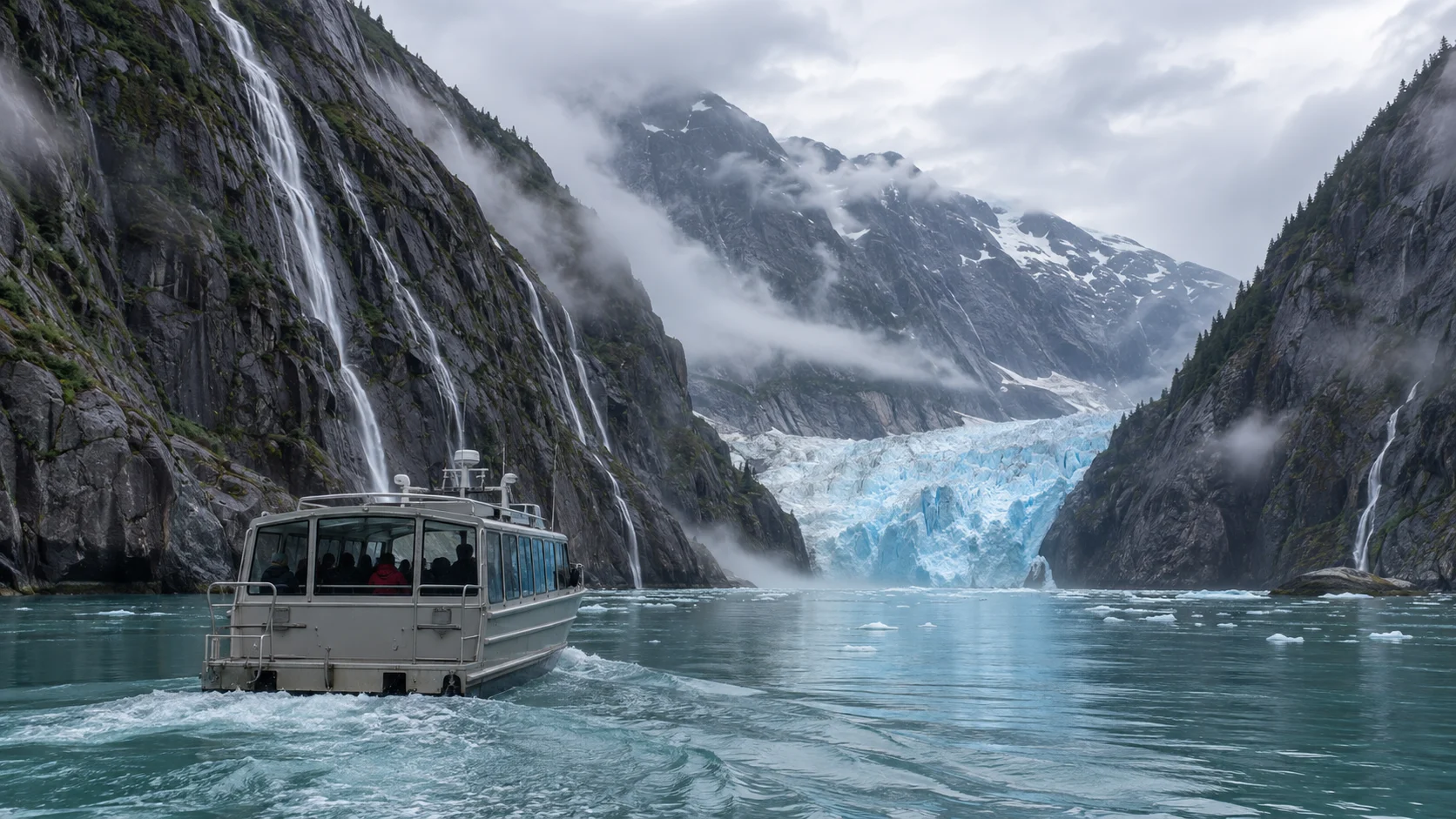 Small excursion boat approaching Dawes Glacier through the narrow Endicott Arm fjord