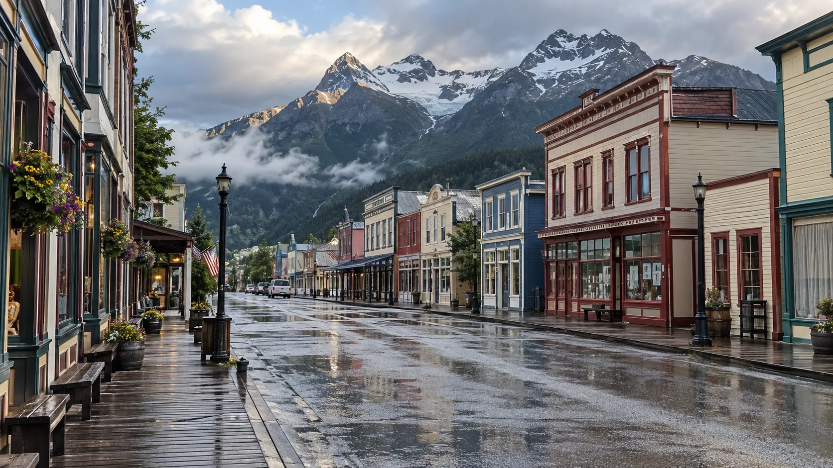 Historic Broadway in Skagway with colorful false-front buildings and mountains behind