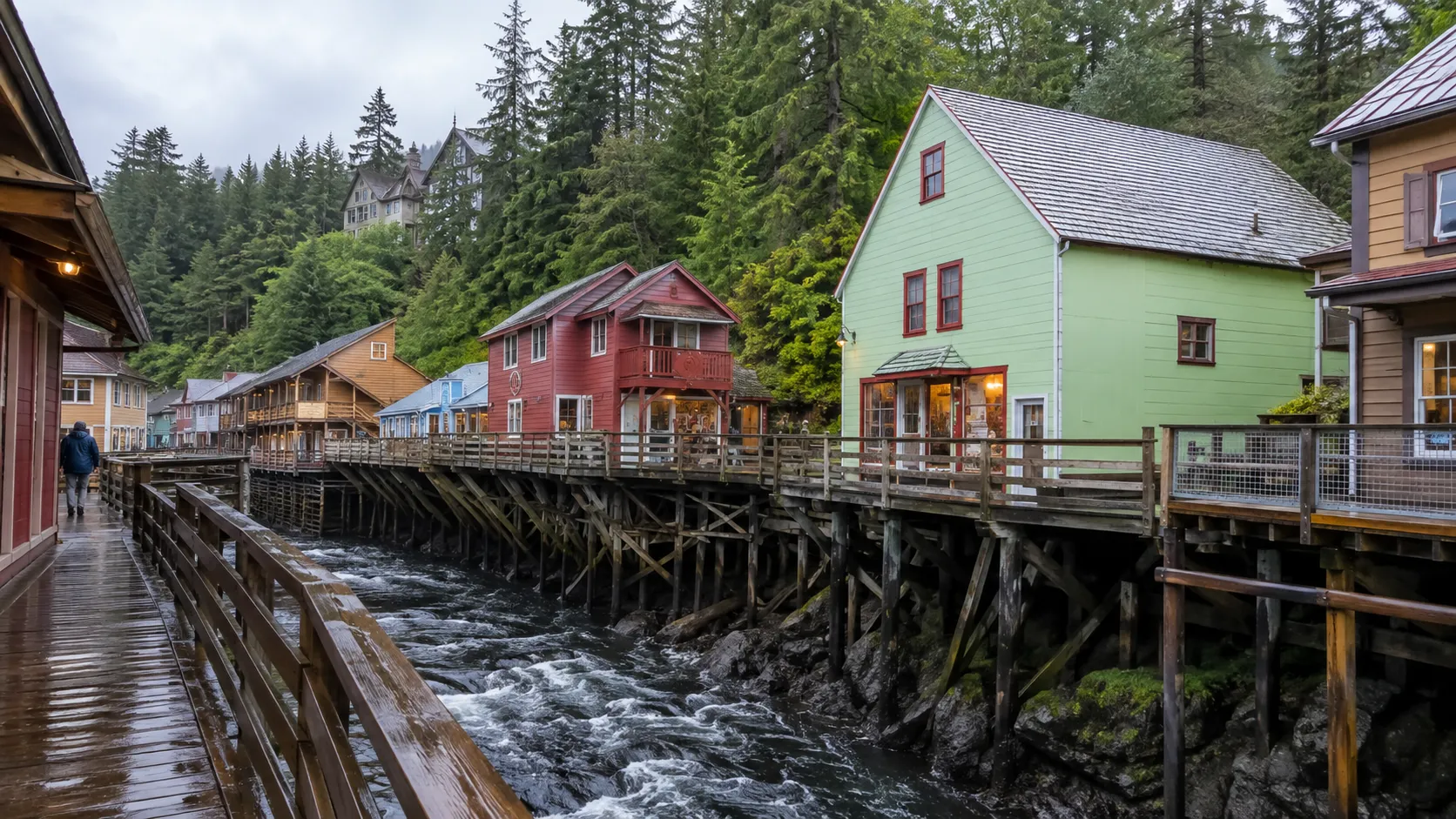 Rainy Creek Street boardwalk in Ketchikan above the rushing creek