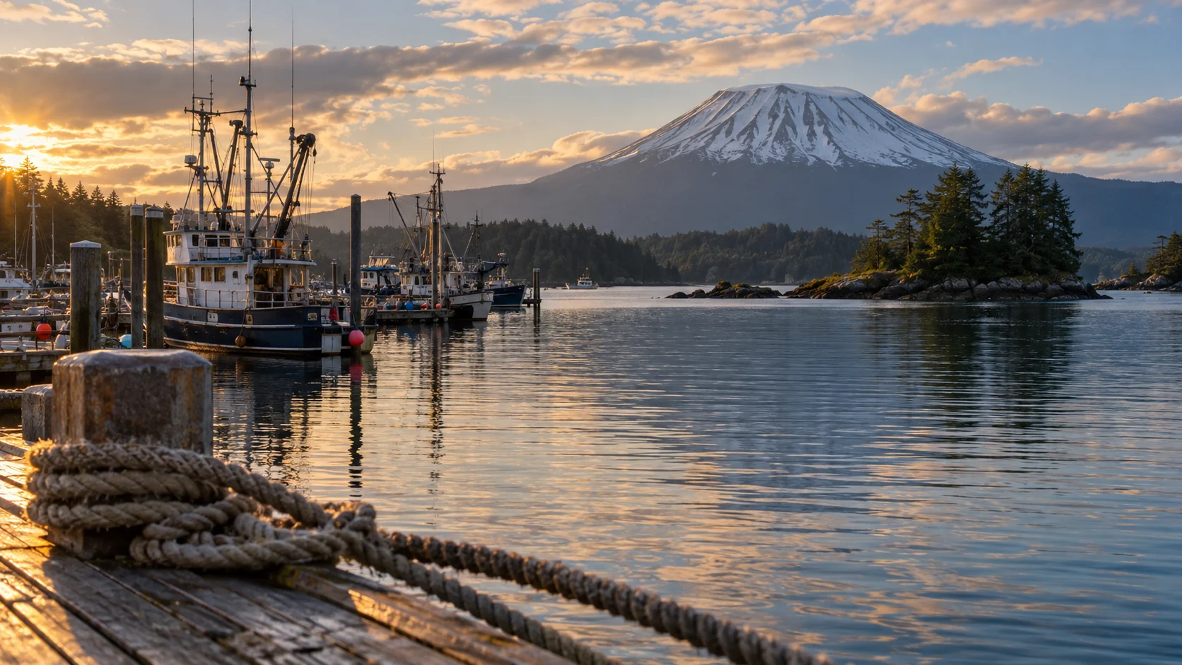 Sitka harbor filled with fishing boats beneath Mount Edgecumbe