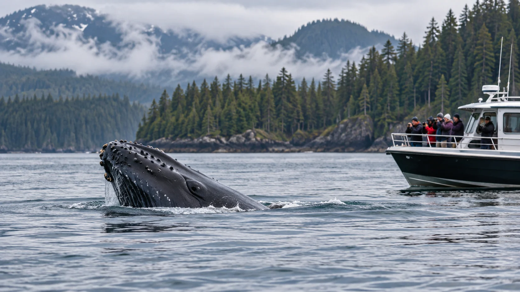 Whale surfacing near a small tour boat off forested Icy Strait Point