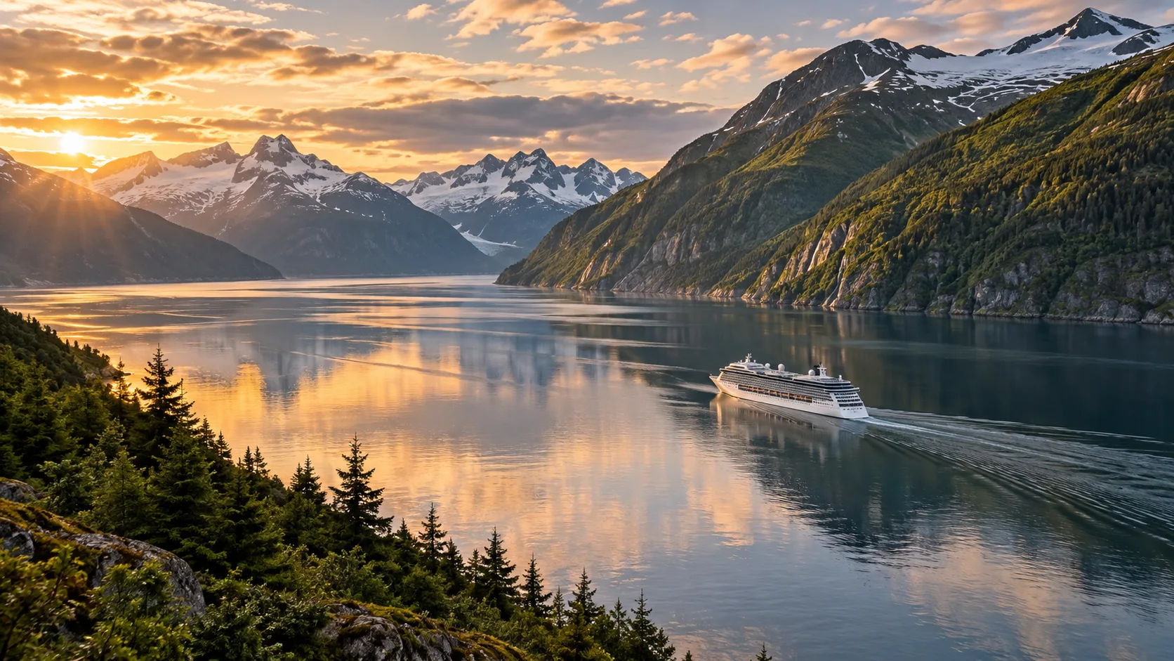 Alaska cruise ship under long golden evening light with green mountains and calm water
