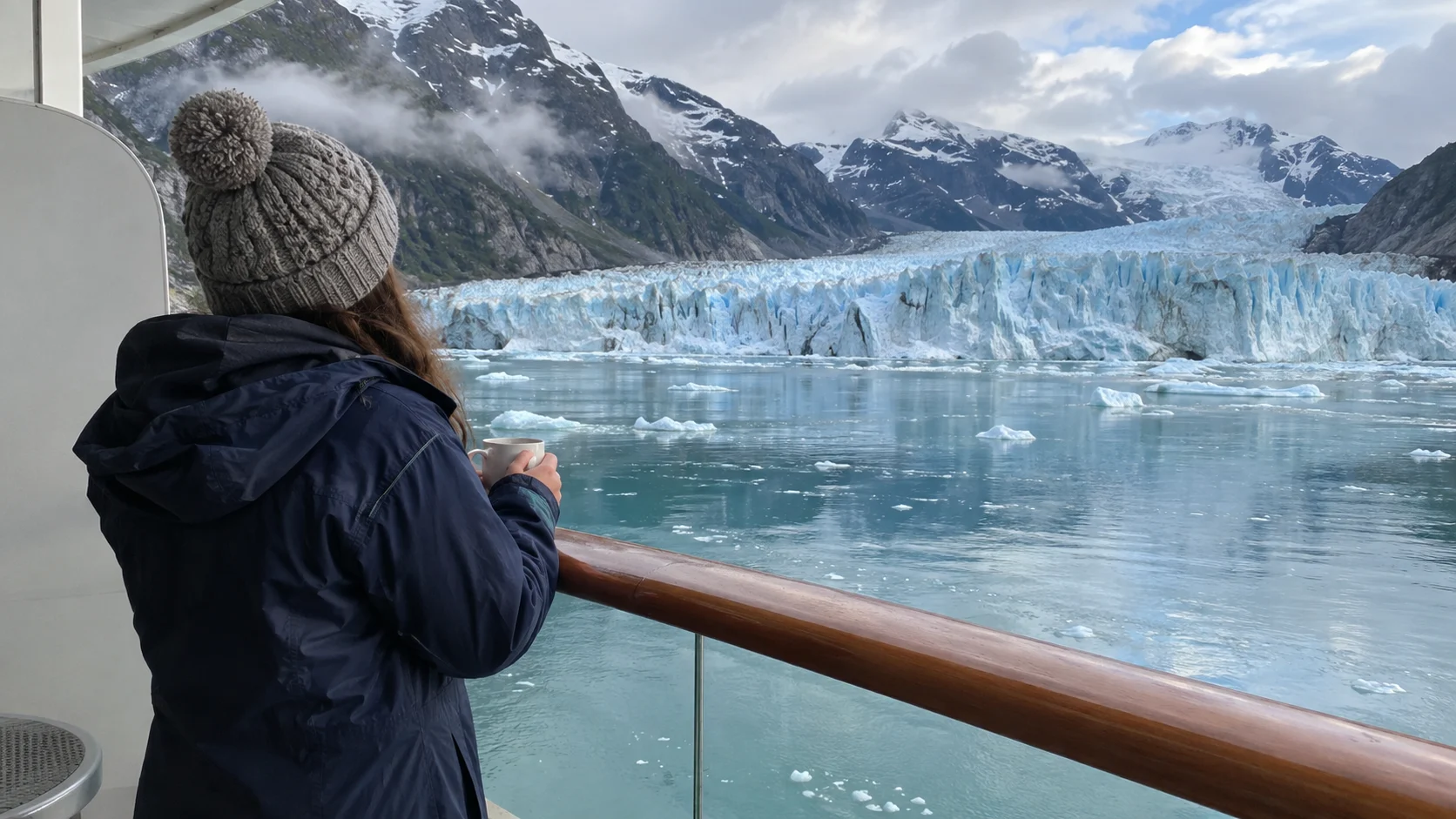 Warmly dressed traveler watching a glacier from a private cruise ship balcony