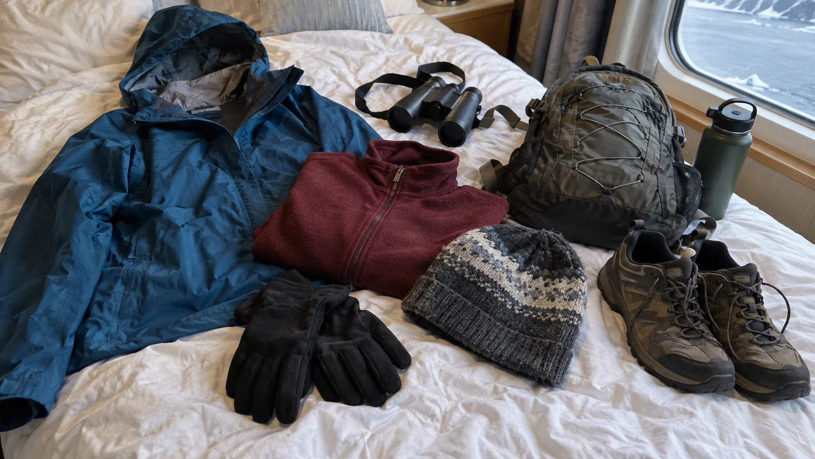 Waterproof jacket, fleece, binoculars, knit hat, and hiking shoes arranged for an Alaska cruise