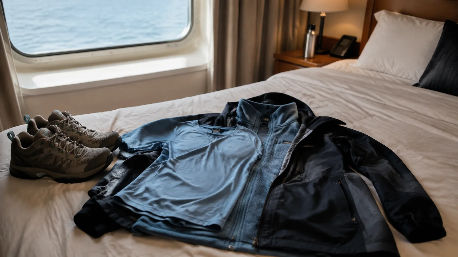 Layered outdoor clothing and hiking shoes laid out on a cabin bed.
