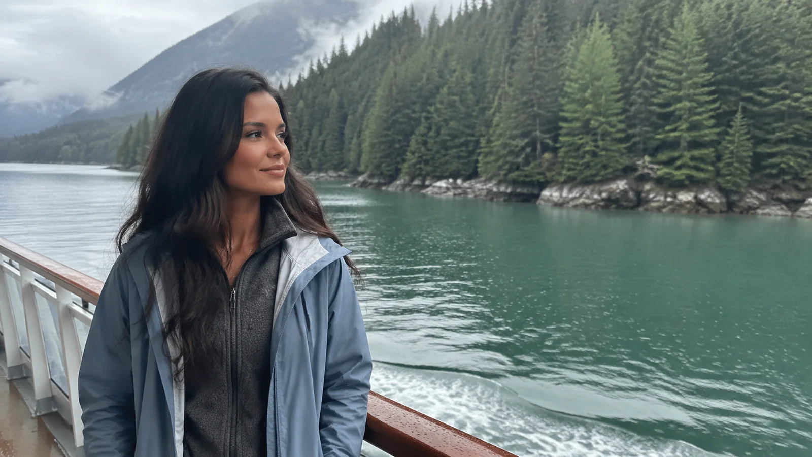 Woman in layered jackets stands on a boat beside a forested coast.