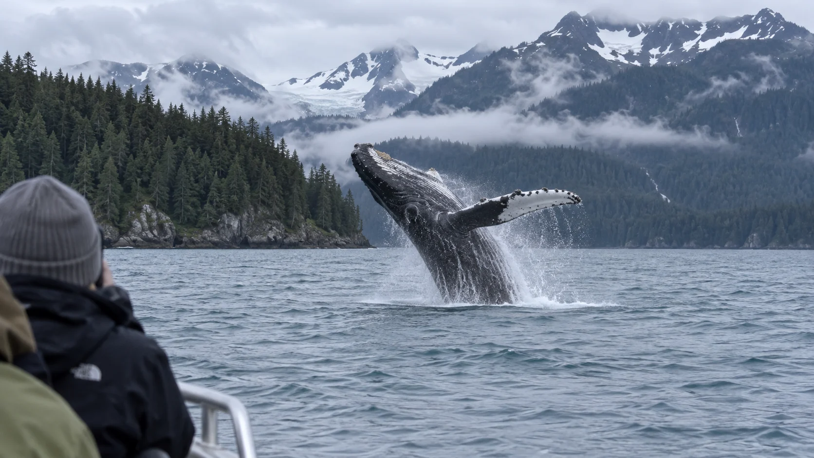 Humpback whale breaching near forested mountains on a Juneau whale-watching excursion.