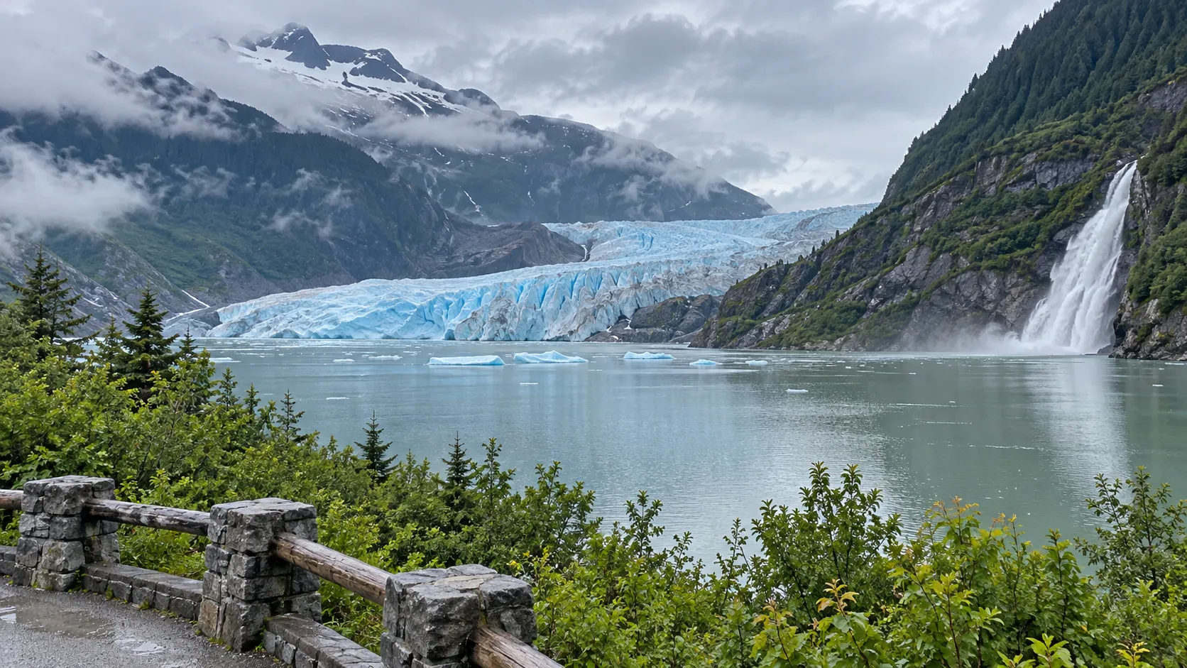 Mendenhall Glacier and Nugget Falls across a glacial lake near Juneau.