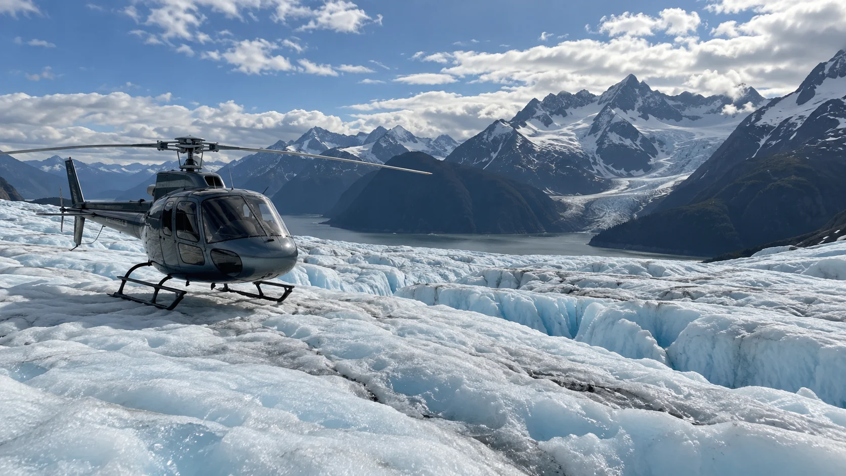 Small helicopter resting on a glacier surrounded by Alaska mountains.
